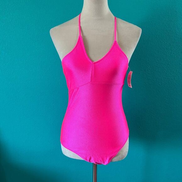 NWT Aerie Shine Rib One Shoulder Full Coverage One Piece Swimsuit Pink - Picture 3 of 6